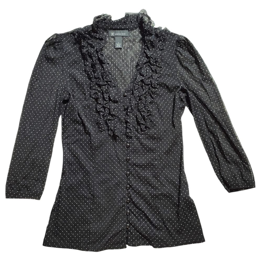 INC Black Polka Dot Sheer Blouse with Ruffle Detail, V-neck, 3/4 Sleeve Size S